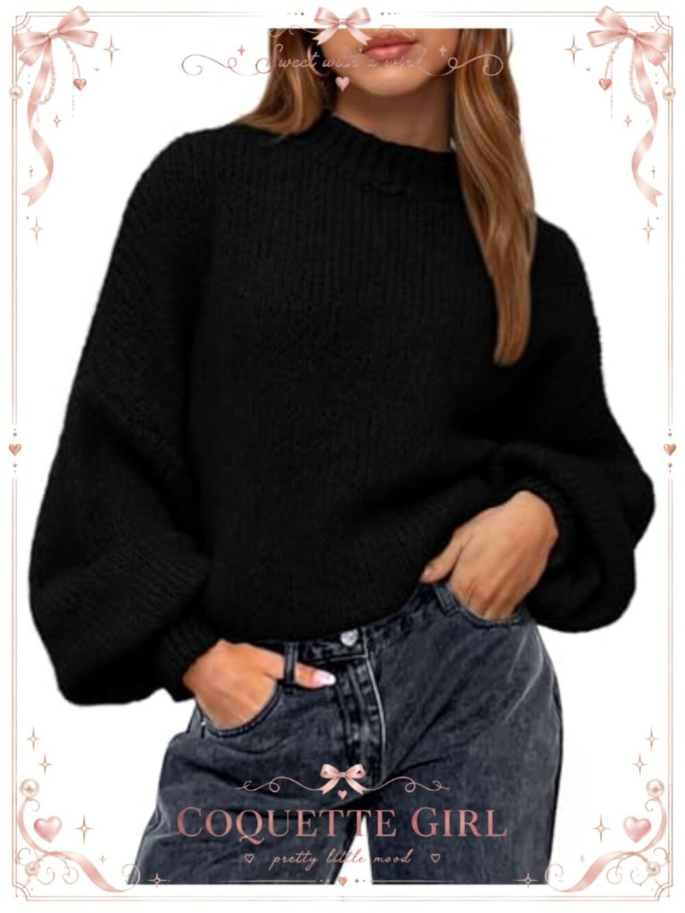 Oversized Crew Neck Lantern Sleeve Knit Pullover Sweater